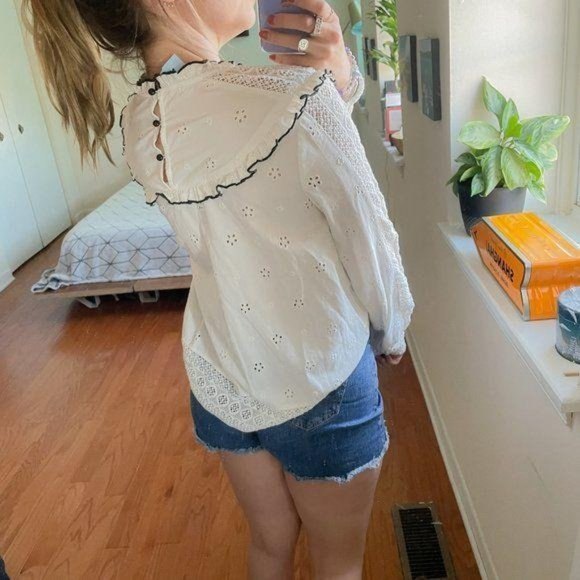 Sezane Ruffled Lace High Neck Eyelet Blouse White - Picture 5 of 7